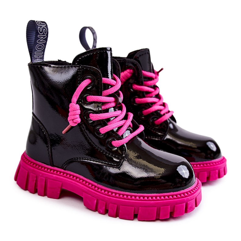 PA1 Lackierte schwarze und rosa Heidi Warm Boots