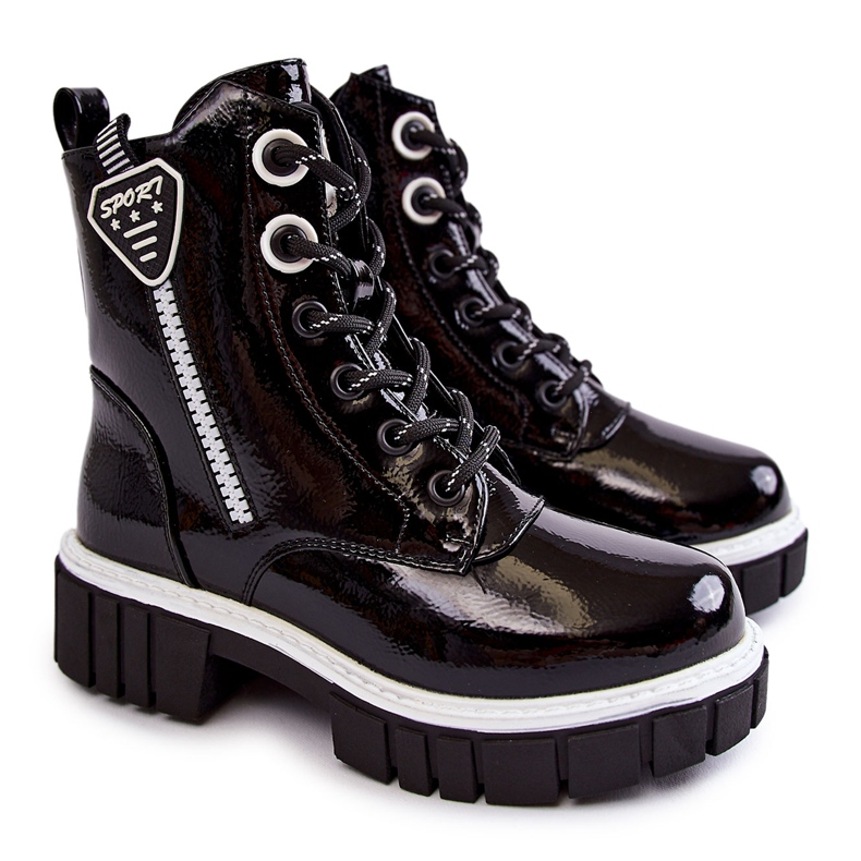 S.Barski Lackierte schwarze warme Stiefel mit Reißverschluss Marcella