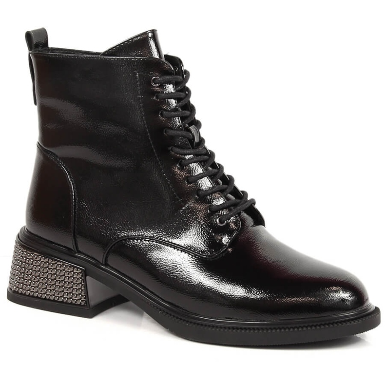 Lackierte Damenstiefel mit dekorativem Absatz, isolierter schwarzer Filippo