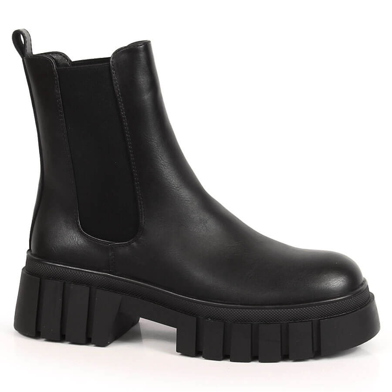 Schwarze Chelsea-Stiefel für Damen auf der Plattform, isolierter schwarzer Sergio Leone