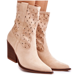FB1 Modischer Cowboystiefel aus Wildleder mit Blumen beige Coralie B-818