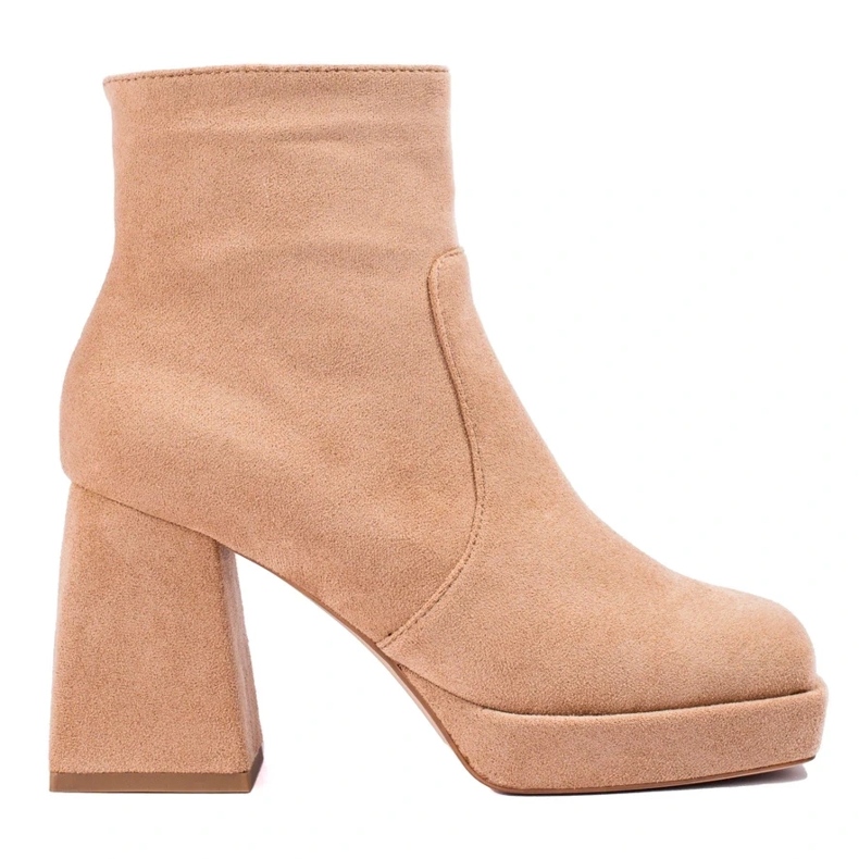 Beigefarbene Damenstiefeletten mit weitem Absatz