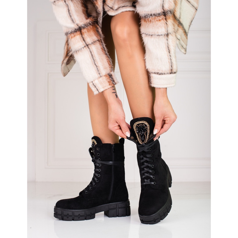 Damen-Arbeiterstiefel aus Wildleder mit Verzierung, schwarz