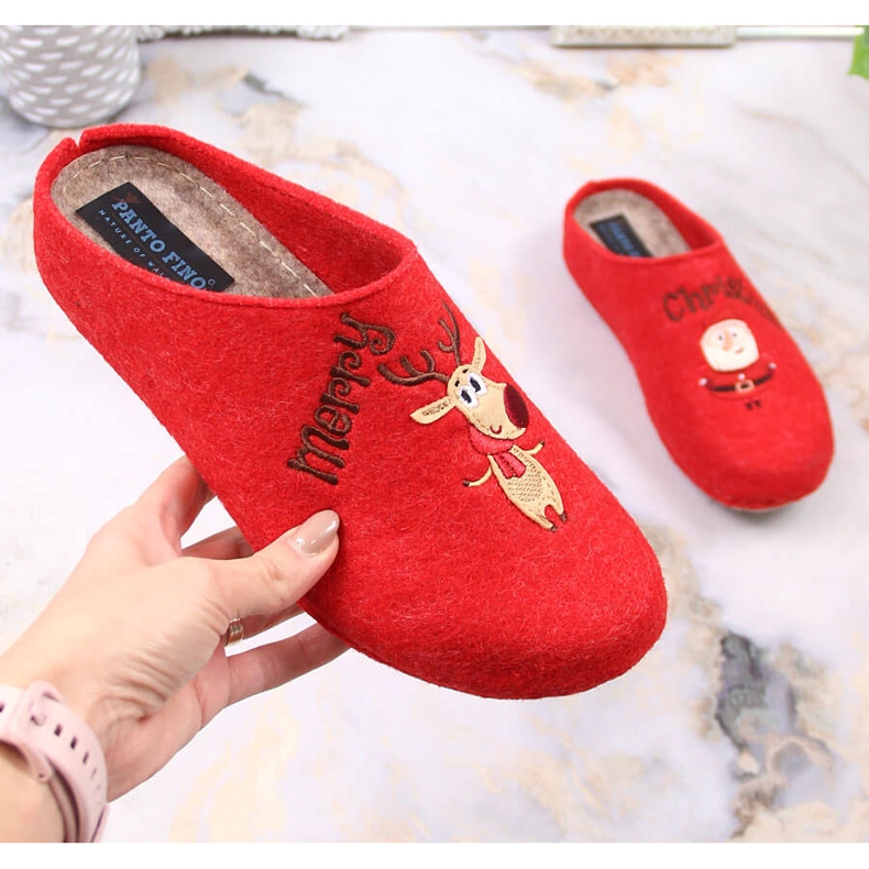 Bequeme Damenhausschuhe mit Rentier und Schneemann Panto Fino KK267037 rot