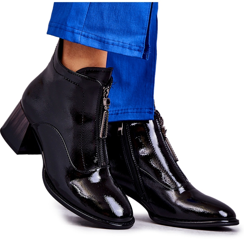 S.Barski Damen-Stiefeletten aus Lackleder mit Reißverschlüssen, Schwarz