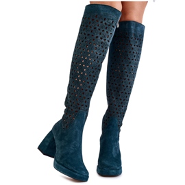 PA2 Durchbrochene Wildlederstiefel auf grünen Castres mit hohen Absätzen mehrfarbig