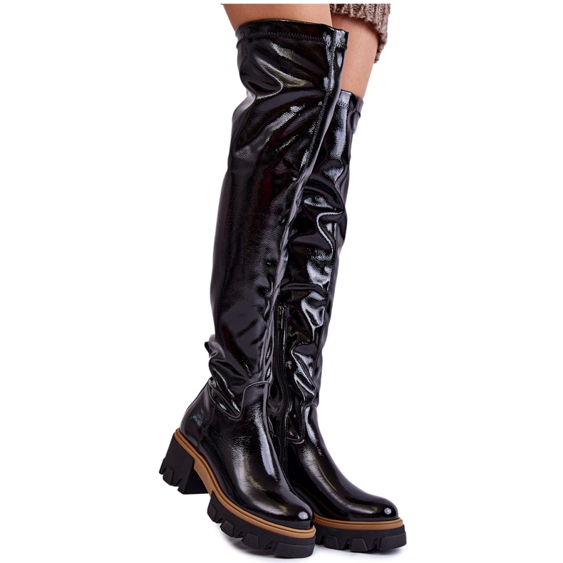 PL5 Modischer Lack Damen Overknee Stiefel schwarz Venise