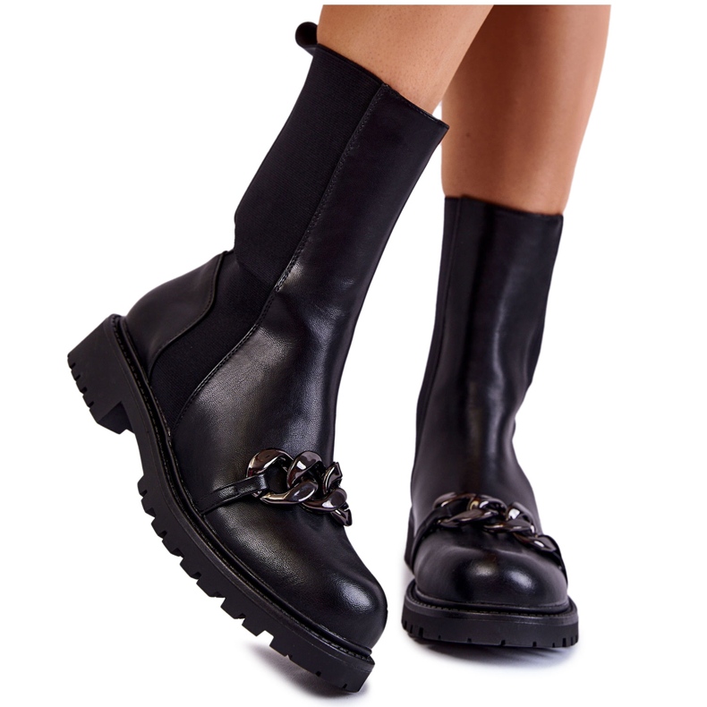 PA1 Damen-Stiefel zum Hineinschlüpfen mit einer Kette Schwarz Maliya