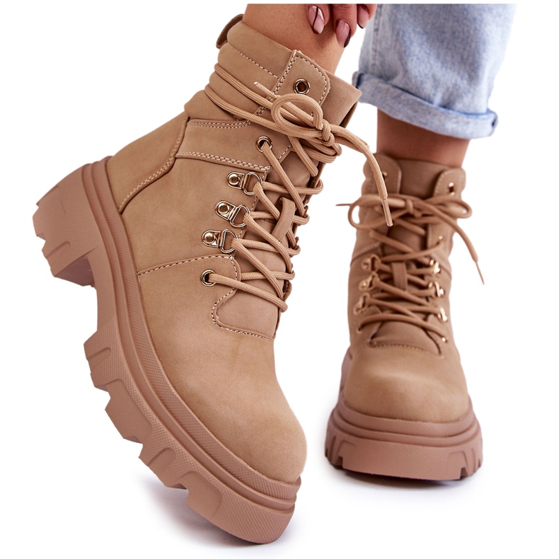Warme Schnürstiefel aus Leder Beige Merisha