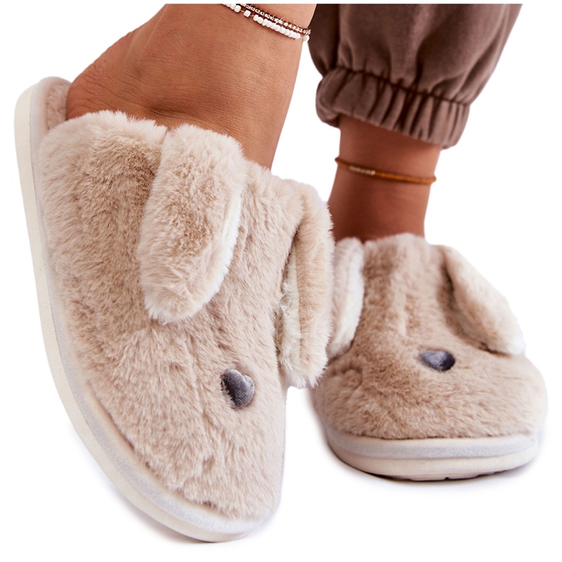 Beige Pelzhausschuhe für Damen, Hausschuhe Remmi