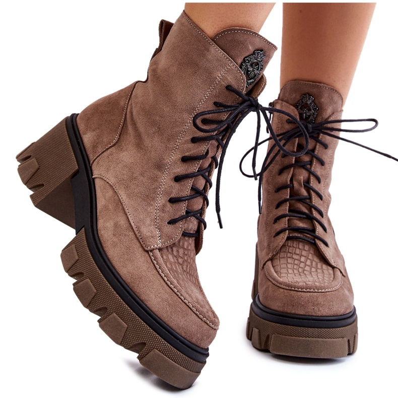 PL5 Warme Trapper-Stiefel aus Veloursleder für Damen Hellbraun Rehin beige