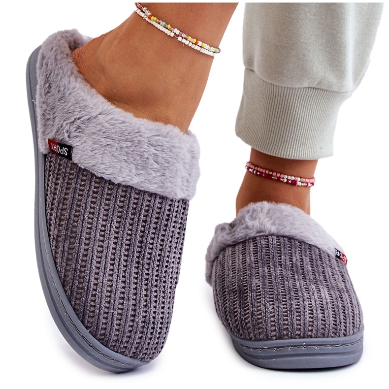 Isolierte Damen-Slip-On-Hausschuhe mit Pelz Grau Leriss