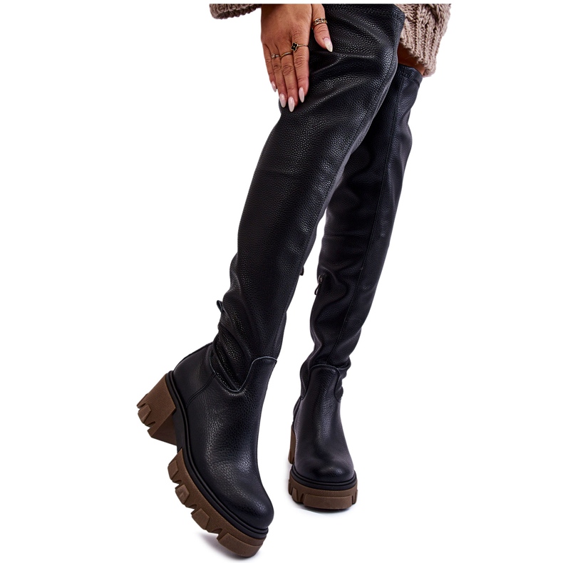 PL5 Modische Damen Overknee Stiefel aus Leder Schwarz Venise
