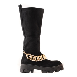 Schwarze Damenstiefel mit goldener Kette