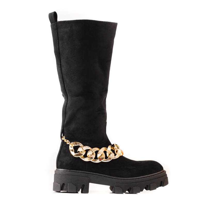Schwarze Damenstiefel mit goldener Kette