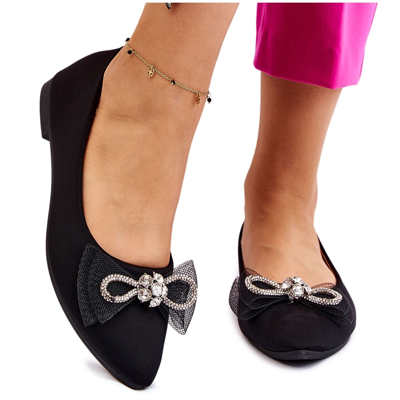 PS1 Spitz zulaufende Ballerinas für Damen mit Zierschleife schwarz leuchtend