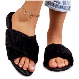 Flache Damenabsätze mit Fell Schwarz Lussie