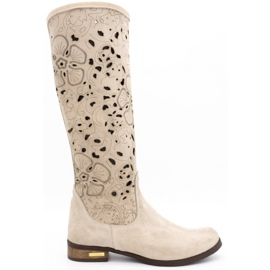 Olivier Durchbrochene Damenstiefel Hellbeige Blumen