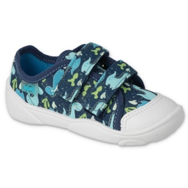 Befado Kinderhausschuhe mit Klettverschluss, Marineblau 907P157 mit Drachen