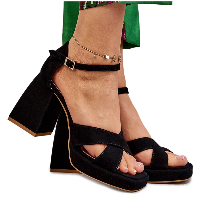 Lewski Shoes Damensandalen aus Wildleder mit hohem Absatz Leski Schuhe 3221 Schwarz