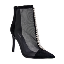 Modische Damen High Heel Stiefel mit Mesh Schwarz Rummi