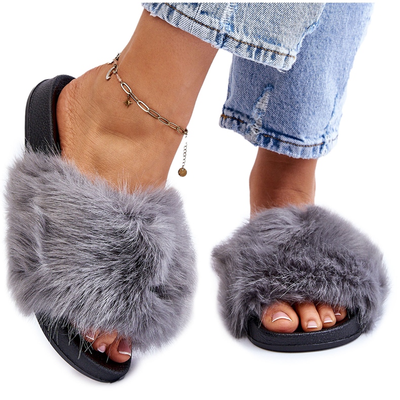 PM1 Graue Kennet-Pelz-Slides für Damen
