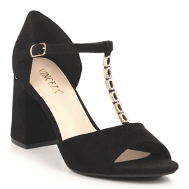 Damensandalen aus Wildleder auf einem Pfosten mit Zirkonen schwarz Vinceza 20195