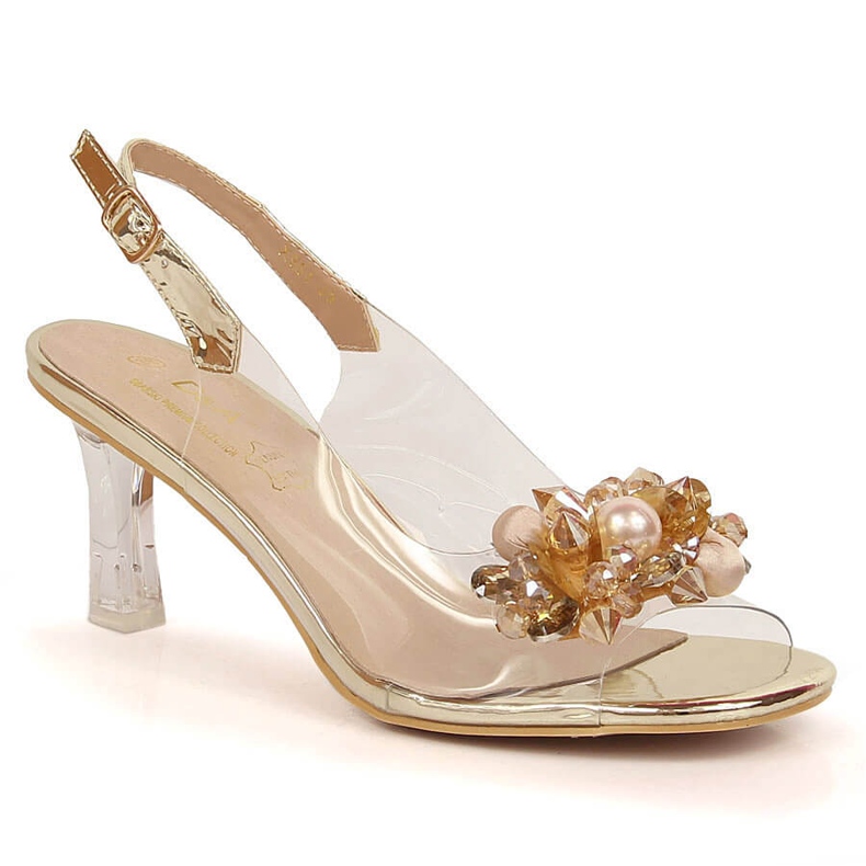 Transparente High Heel Sandaletten mit Steinen und goldenen Perlen D&amp;A MR-X951