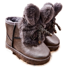 Kinder-Schneestiefel mit Pelz mit Ohren grauer Hase braun silber-