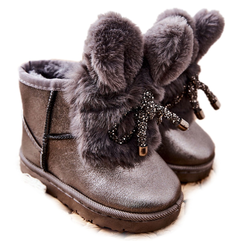 Kinder-Schneestiefel mit Pelz mit Ohren grauer Hase braun silber-
