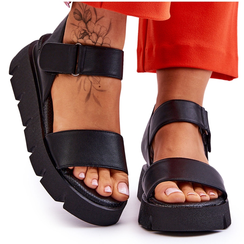 Vinceza Damen-Leder-Plateau-Sandalen Schwarz Katte