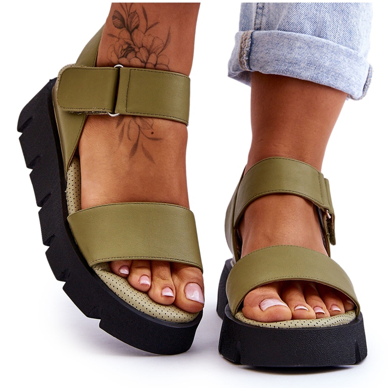 Vinceza Damen-Leder-Plateau-Sandalen Grüne Katte