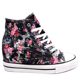 BM Paradis High-Top-Sneakers mit floralem Keilabsatz in Schwarz