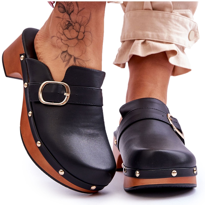 FI1 Damen Lederpantoffeln Clogs Schwarz Fanett