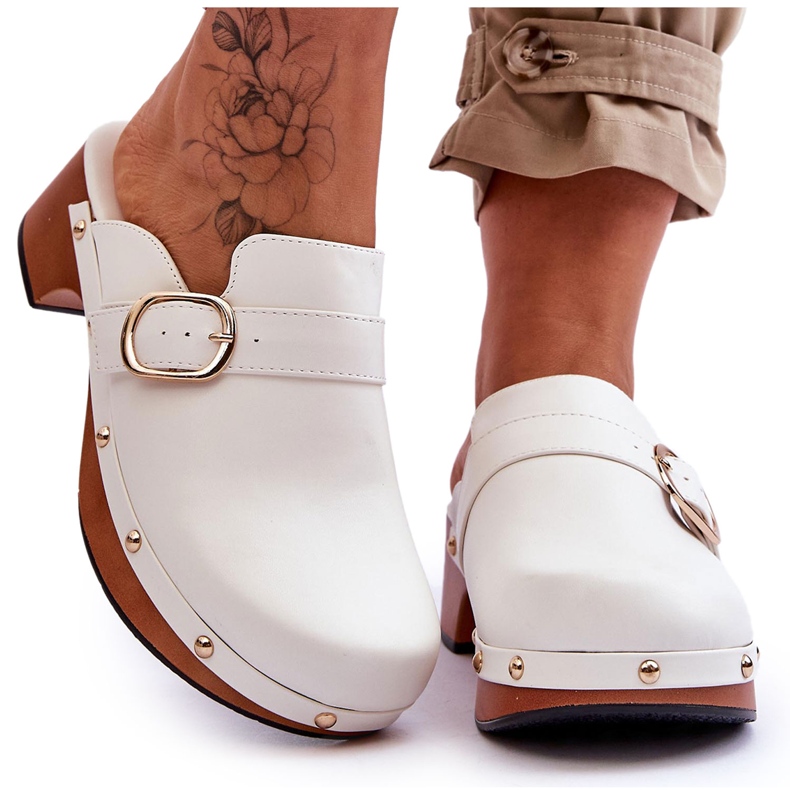 FI1 Damen Lederpantoffeln Clogs Weiß Fanett