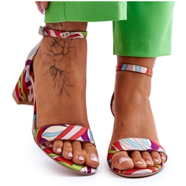 FB1 Beige und quincyblau gemusterte Satinsandalen mit niedrigem Absatz braun