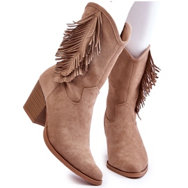 S.Barski Niedrige Wildleder-Cowboystiefel für Damen mit Fransen, Beige