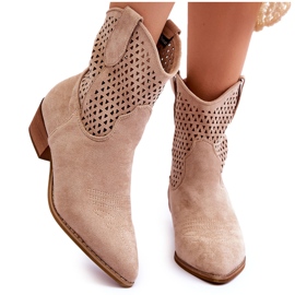 FB1 Durchbrochene Cowboystiefel für Damen Beige Schilf