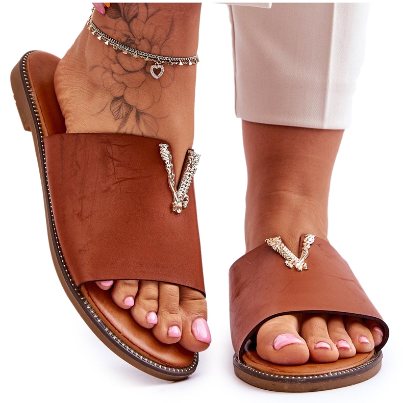 FJ1 Damen-Hausschuhe Classic Camel Bertha verziert braun