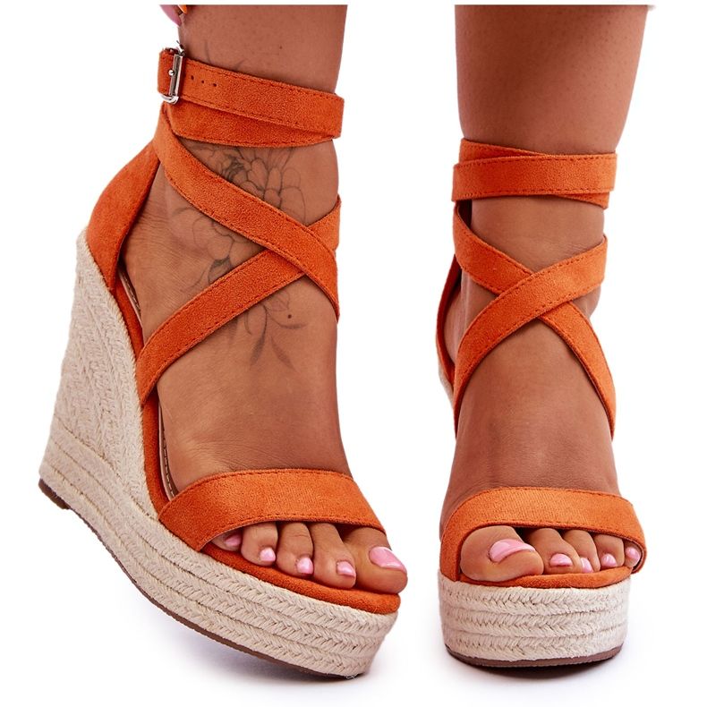 FJ1 Bequeme orangefarbene Lemira Sandalen mit hohem Keilabsatz
