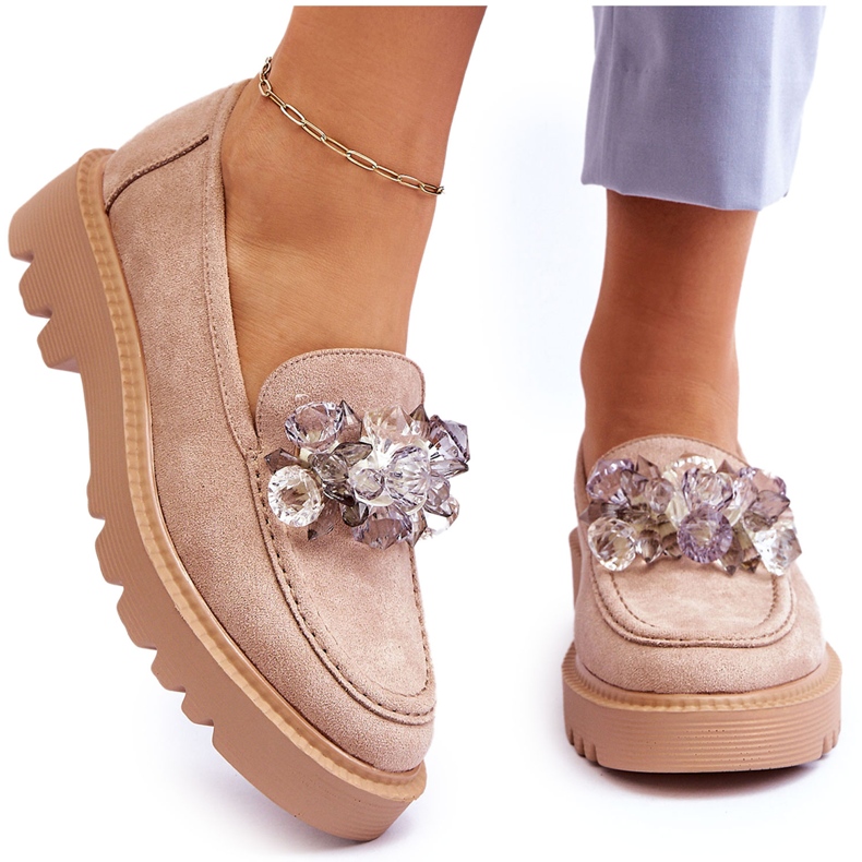 Vinceza Modischer Wildleder-Loafer mit Kristallen beige Demeris