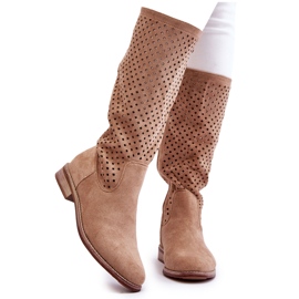 S.Barski Durchbrochene Overknee-Stiefel aus Wildleder für Damen Beige Savannah