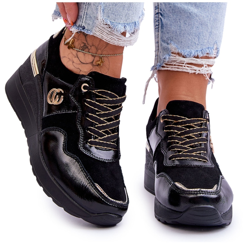 S.Barski Sportschuhe aus Leder mit Keilabsatz für Damen Schwarz Rebeca