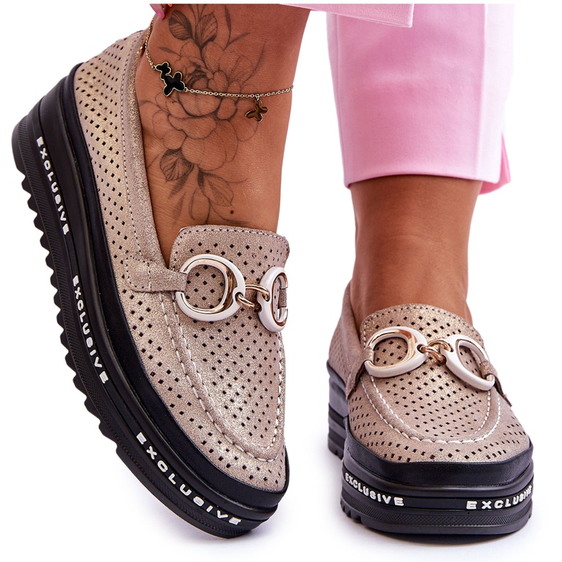 S.Barski Klassische durchbrochene Leder-Loafer mit goldener Rendy-Verzierung