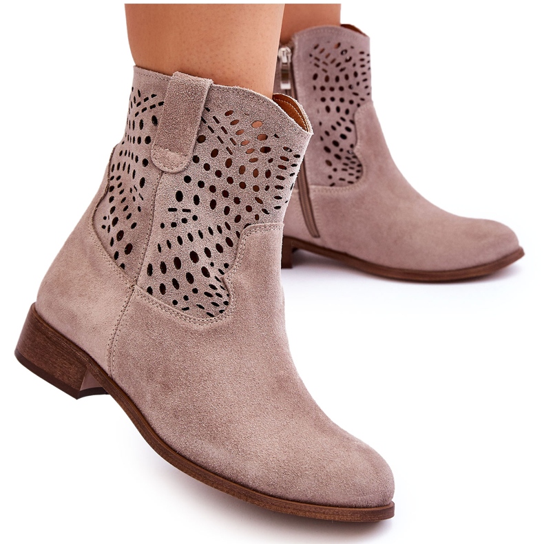 Lewski Shoes Durchbrochene Damenstiefel aus Wildleder Leski Schuhe 3301 Cappuccino braun