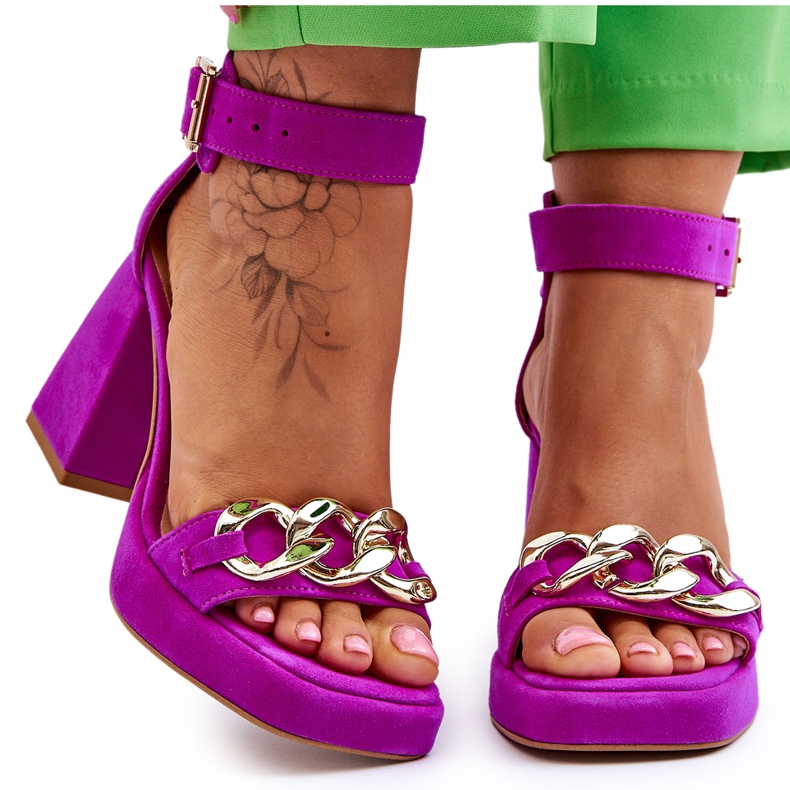 Lewski Shoes Damensandalen aus Wildleder auf massiven Absätzen Leski Schuhe 3207 Fuchsia rosa