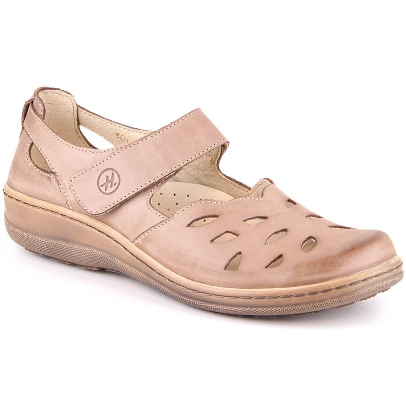 Bequeme durchbrochene Lederschuhe für Damen mit Klettverschluss beige Helios 4043
