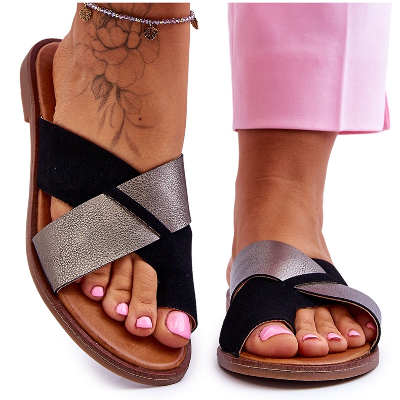 Klassische Damen-Lederhausschuhe Schwarz Platin Nancy