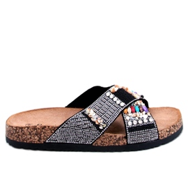 BM Rezai Pantoletten aus schwarzem Kork mit Perlen