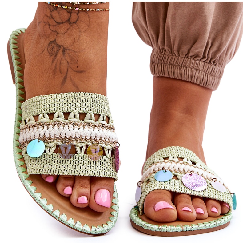 PS1 Geflochtene verzierte Hausschuhe für Damen Grün Millano